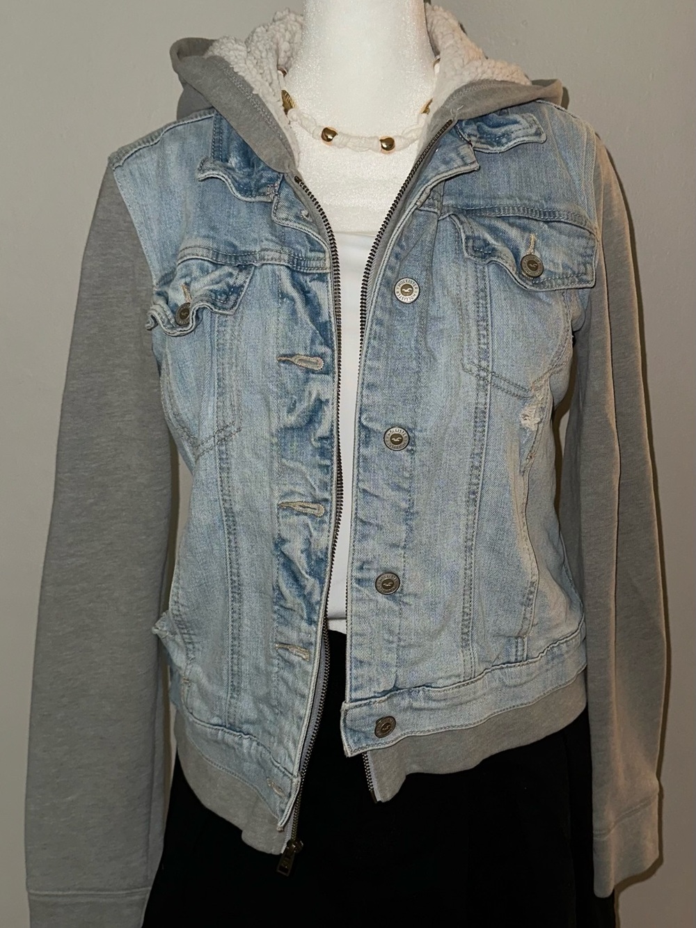 Hollister Light Wash Denim Jacket with Gray Hooded Sleeves
